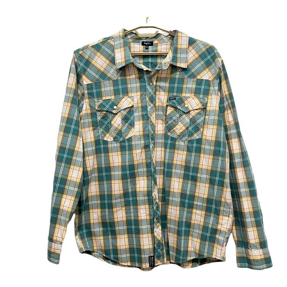 NOS Lifted Research Group LRG Mens Green Yellow Cotton Plaid Pearl Snap NWT 3XL